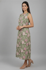 Olive Green Floral Printed Sleeveless Straight Kurti