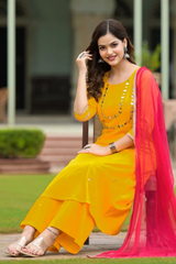 Yellow Cotton A-Line Handwork Suit  Set