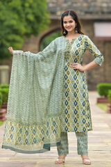 Aqsa Ikkat Print Cotton Embroidered Straight Suit set