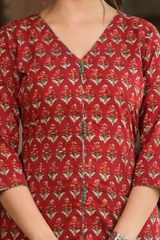 Ruhi Red Hand Block Print Cotton Straight Kurta
