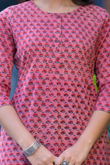 Peach Floral Buti Print Cotton Straight Kurta