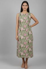 Olive Green Floral Printed Sleeveless Straight Kurti