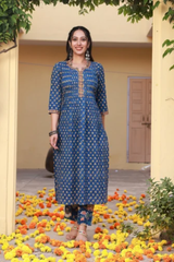 Badrah Blue Handblock Cotton Pleated Straight Kurta Pant Set