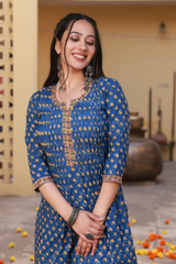 Badrah Blue Handblock Cotton Pleated Straight Kurta Pant Set