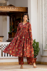 Saanvi Maroon Floral Print Kurta Pant Set