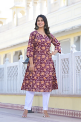 Urvashi Floral Handblock Printed A- Line Kurta
