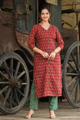 Ruhi Red Hand Block Print Cotton Straight Kurta