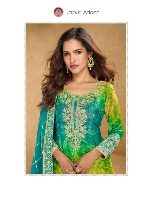 Roma green suit set chinon silk with embroidered ribbon gota work with embroidered dupatta