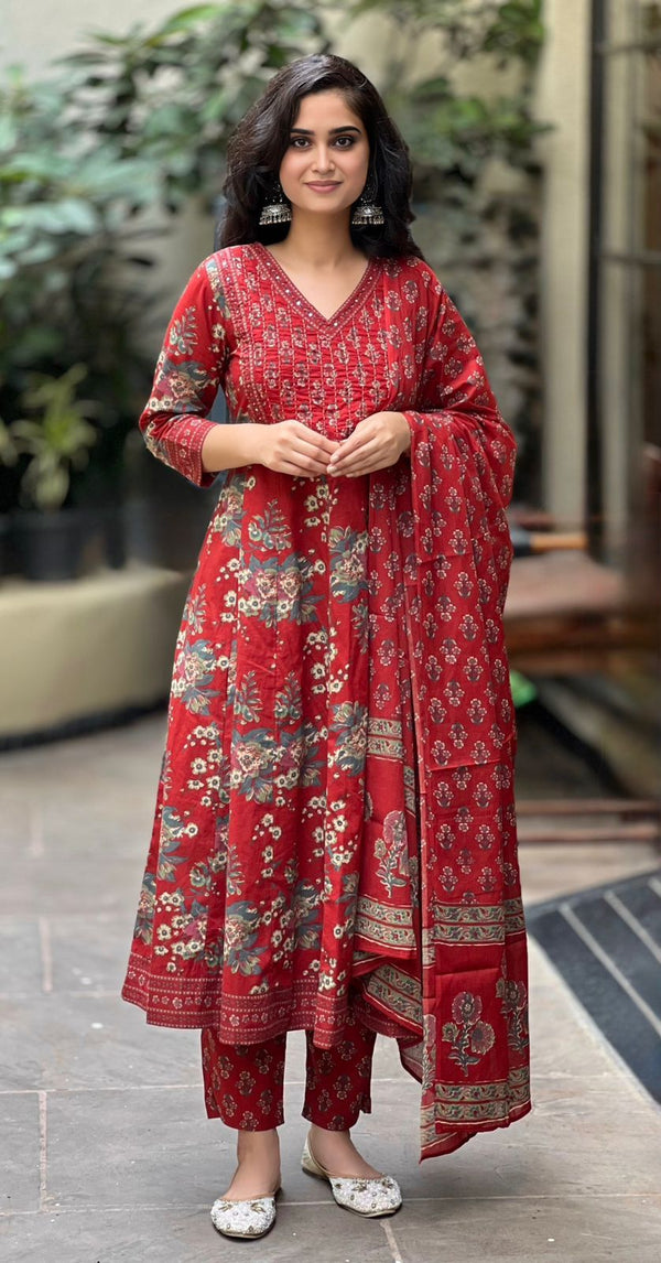 Surana red cotton suit set  with mul cotton dupatta