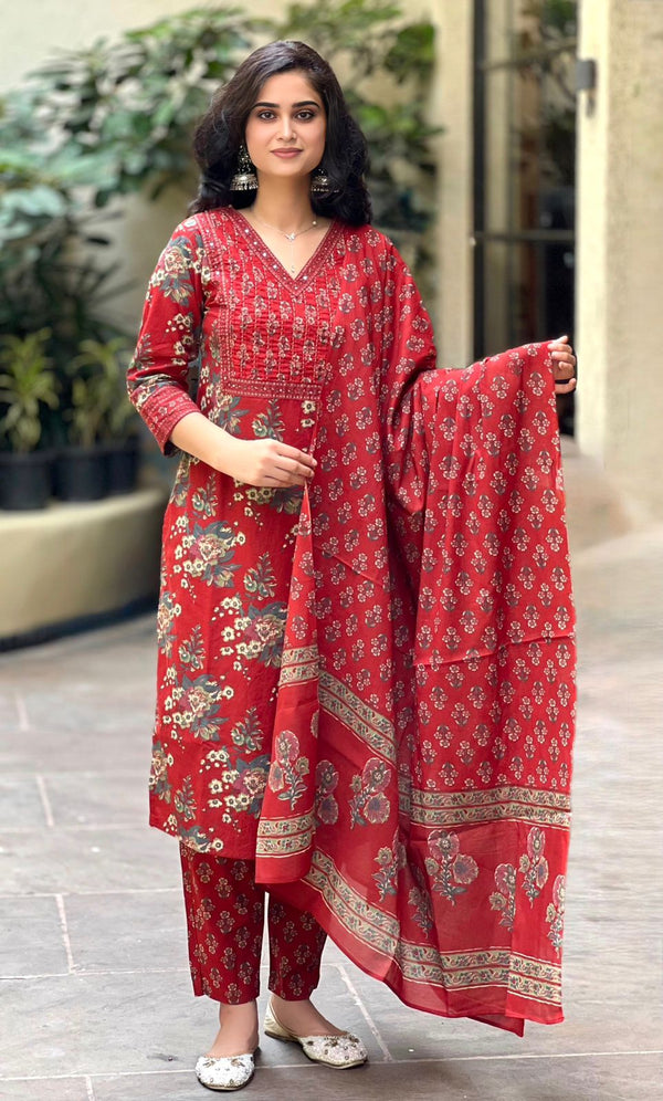 Suru red cotton straight suit set with mul cotton dupatta