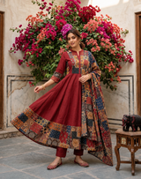 Zarvisha Wine Maroon Heritage Patchwork Printed Anarkali Suit Set with Dupatta
