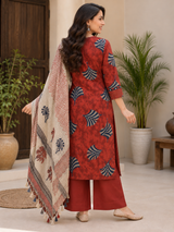 Aarvika Rust Red Abstract Leaf Printed Kurta Palazzo Set with Dupatta