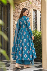Neelika Teal Printed Angrakha Cotton Kurta Pant Only