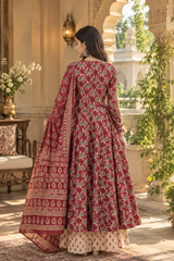 Zarmina Red Print Anarkali Cotton Kurta Pant Only