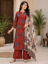 Aarvika Rust Red Abstract Leaf Printed Kurta Palazzo Set with Dupatta