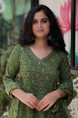 Sangi green embroidered anarkali set with mul cotton dupatta