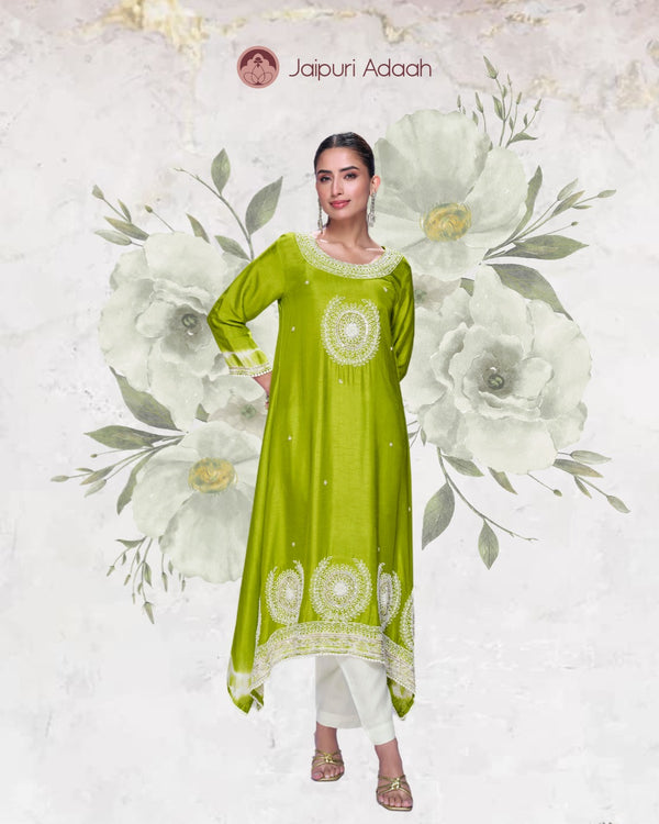 Noor Olive Green Embroidered Silk Kurti with Mandala Moti