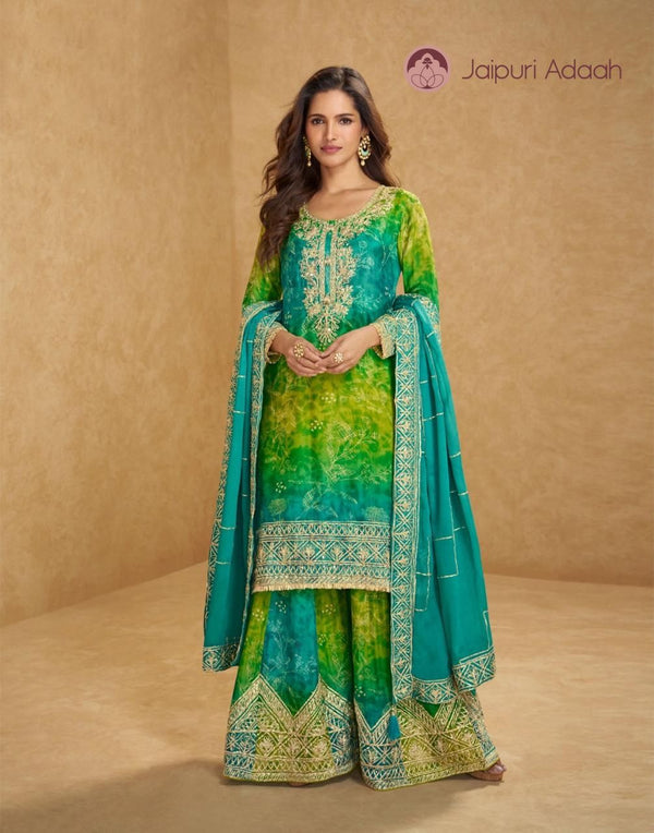 Roma green suit set chinon silk with embroidered ribbon gota work with embroidered dupatta