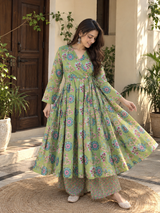 Meher Sage Green Floral Printed Flared Anarkali Suit Set with Dupatta