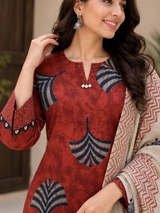 Aarvika Rust Red Abstract Leaf Printed Kurta Palazzo Set with Dupatta