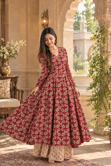 Zarmina Red Print Anarkali Cotton Kurta Pant Only
