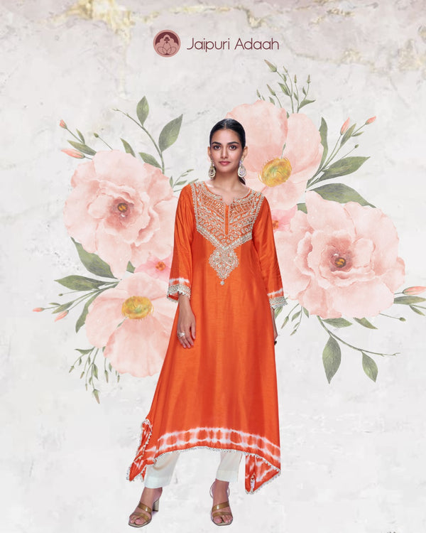 Saanjh Orange Silk Kurti with Hand Moti Embroidery