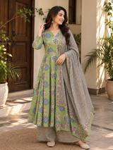 Meher Sage Green Floral Printed Flared Anarkali Suit Set with Dupatta