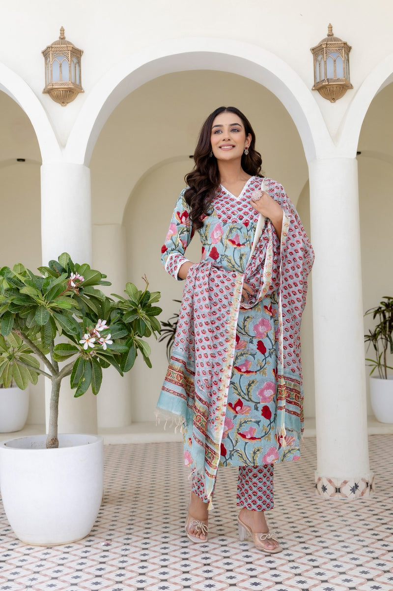 Gauri green handblock printed Cotton Lace detailing suit set with chanderi dupatta
