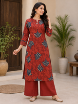 Aarvika Rust Red Abstract Leaf Printed Kurta Palazzo Set with Dupatta
