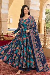 Navya Midnight Blue Leaf Printed Cotton Suit Set With Cotton Dupatta