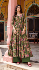 Gulmeher Olive Green Floral Printed Anarkali Suit Set with Cotton Dupatta