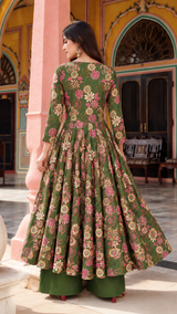 Gulmeher Olive Green Floral Printed Anarkali Suit Set with Cotton Dupatta