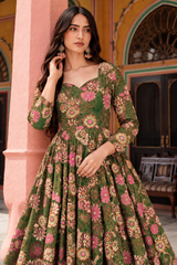 Gulmeher Olive Green Floral Printed Anarkali Suit Set with Cotton Dupatta