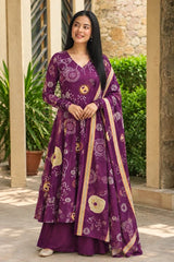 Aarvika Plum Dotted Bloom Printed Cotton Suit Set With Cotton Dupatta