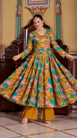 Zariya Mustard Floral Angrakha Cotton Kurta Pant Only