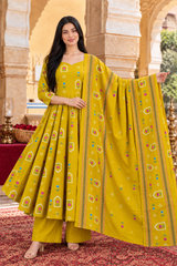 Aaradhya Sunshine Yellow Floral Printed Anarkali Suit Set with Dupatta