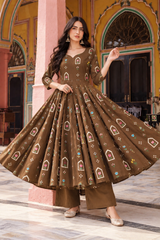 Aarizah Mocha Brown Floral Printed Anarkali Cotton Kurta Pant Only