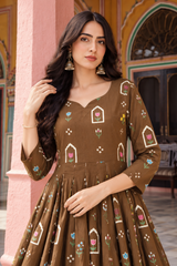 Aarizah Mocha Brown Floral Printed Anarkali Cotton Kurta Pant Only