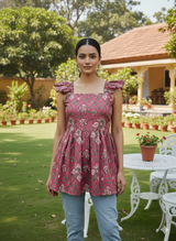 Autumn Rust Maroon Flared Printed Short Kurti