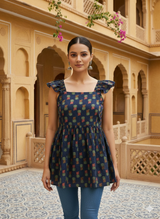 Royal Blue Floral Fit & Flare Kurti Short Kurti