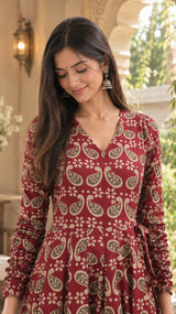 Zarmina Red Print Anarkali Cotton Kurta Pant Only