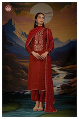 Rubina red embroidered Solid Silk suit set with dupatta