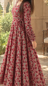 Zarmina Red Print Anarkali Cotton Kurta Pant Only