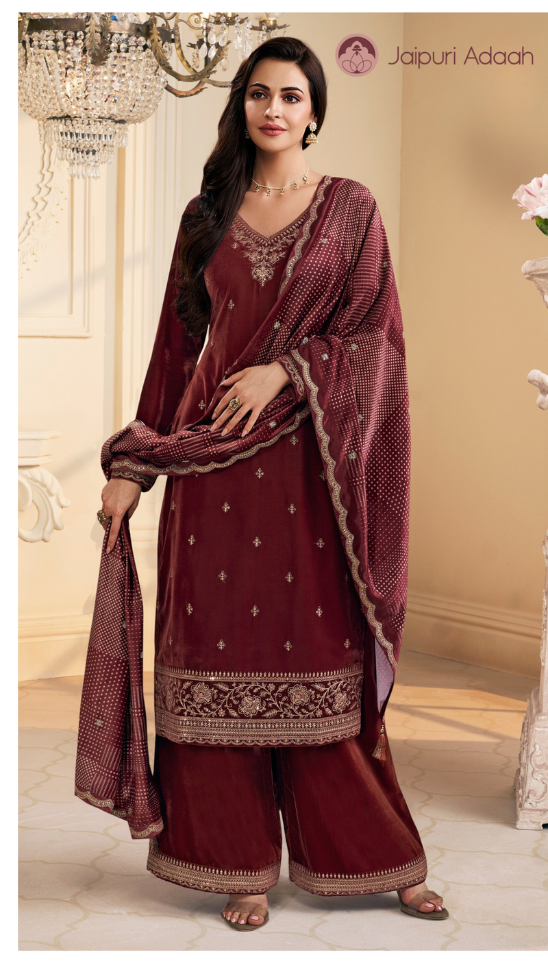Twinkle purple embroidered velvet suit set with velvet dupatta