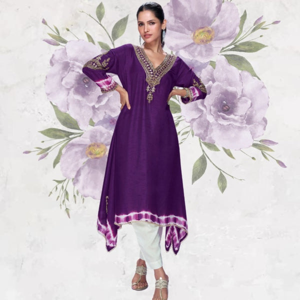 Meher Purple Royal Silk Kurti with Mirror Touch Embroidery