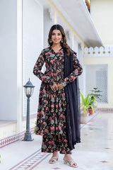 Berry Floral Megenta Cotton Suit Set With Chiffon Lace Work Dupatta