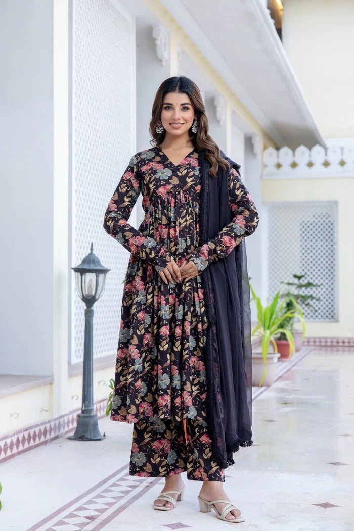 Berry Floral Megenta Cotton Suit Set With Chiffon Lace Work Dupatta
