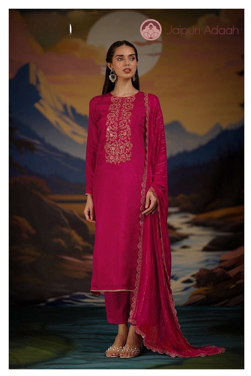 Rubina Maroon Embroidered Solid Silk suit set with Dupatta