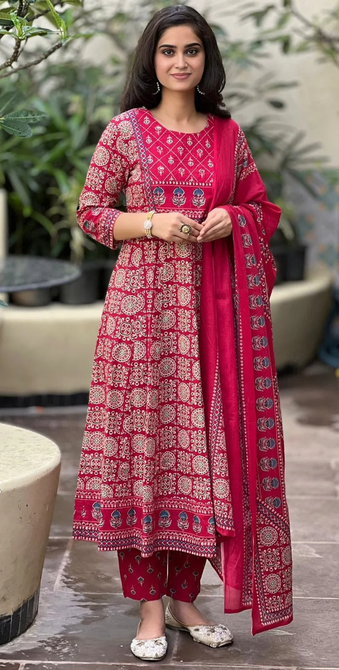 Maroon & Beige Printed Cotton Suit Set with mul cotton dupatta
