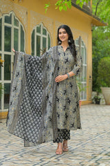 Zohra blue bloom cotton suit set with mul cotton dupatta